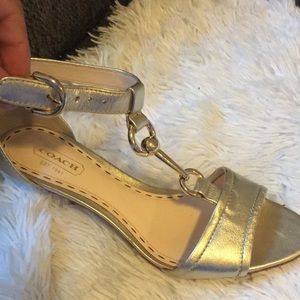 NWT Coach Signature Gold Ankle Straps Open Toe Sandal Heels